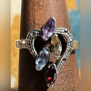 Vintage blue topaz Citrine Amethyst Garnet marcasite 3.7 gm 925 Savant(SV) SZ 7